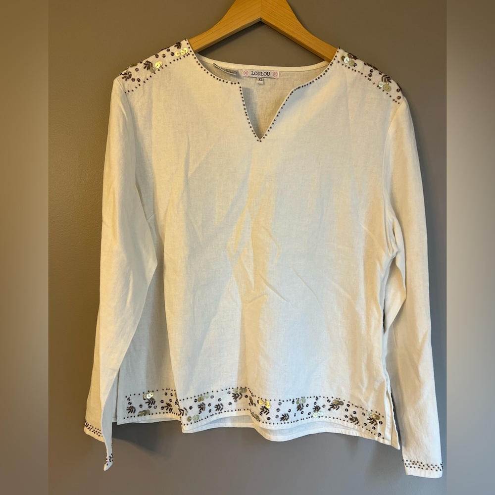 Lou Lou Cream Beaded Sequin Women's Top XL Ramie & Cotton
